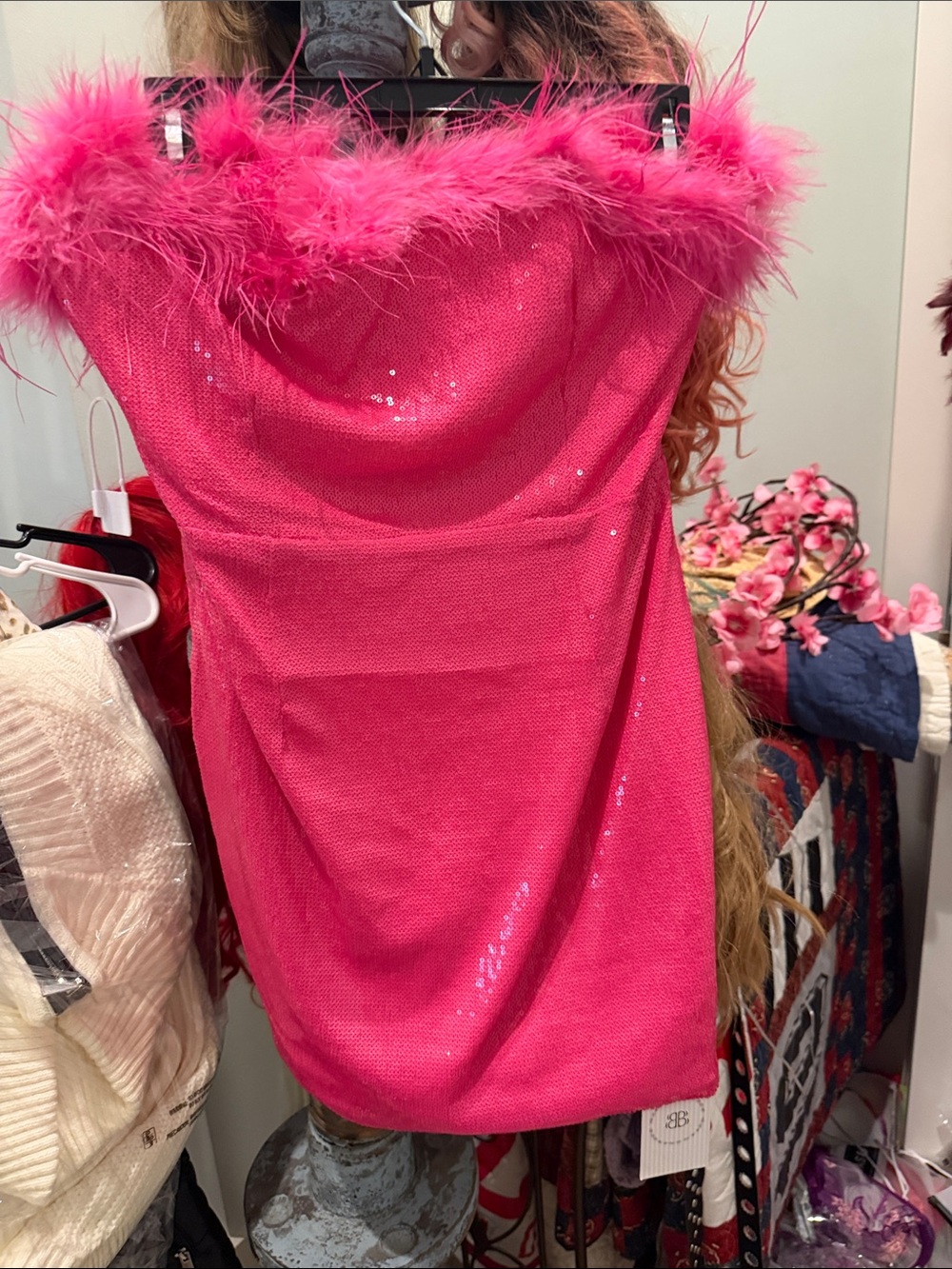 NWT Strapless Hot Pink Sequin Mini Dress with Feather Trim
